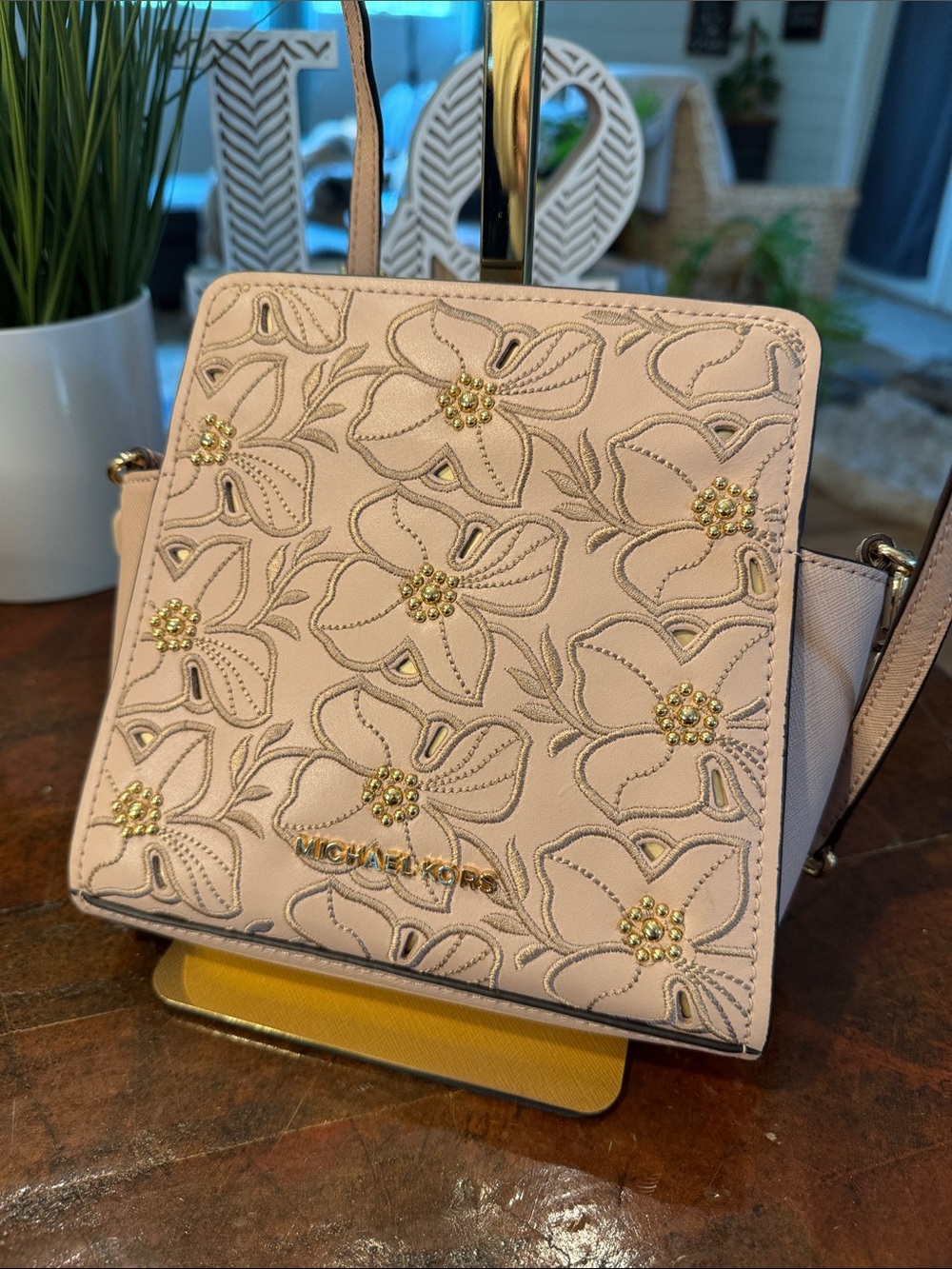 Michael Kors Blush Pink Floral Embossed Crossbody Bag with Gold Accents - Picture 1 of 14